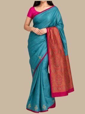 Vintage teal Blue Pink Saree floral Indian Wedding mermaid cocktail sangeet desi
